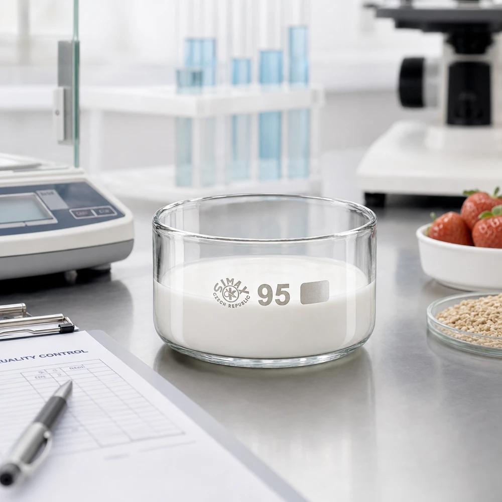 Kristalliseerschaal 300ml zonder schenktuit Laboratoriumanalyse van levensmiddelen – Kristallisatieschaal 300 ml Simax Tsjechië 95 mm met witte inhoud