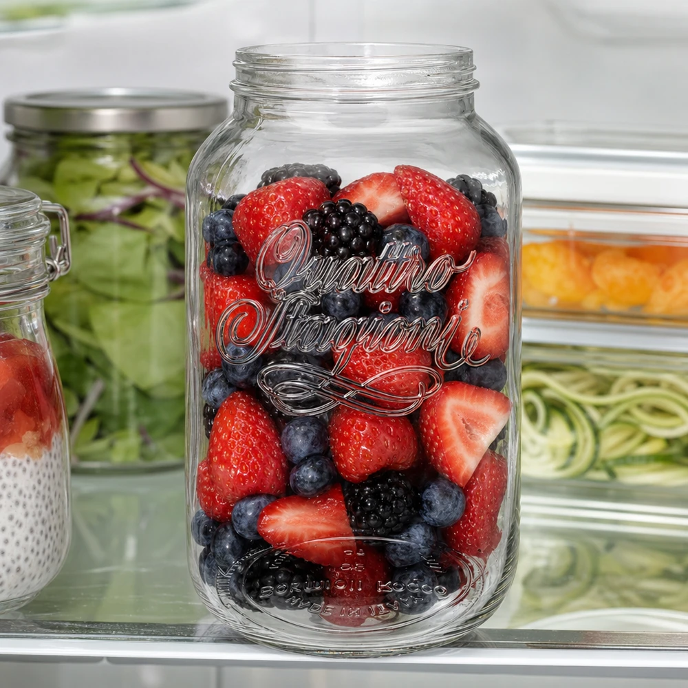 3800ml huishoudglas "Quattro Stagioni" 3800ml Quattro Stagioni huishoudpot gevuld met verse bessen in de koelkast als bewaarpot voor fruit
