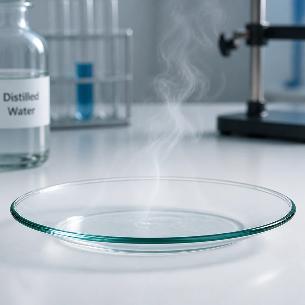 Horlogeglazen 80 mm - borosilicaatglas 3.3 - versmolten rand Horloge glazen schaal 80mm met opstijgende damp toont thermische toepassing in het laboratorium
