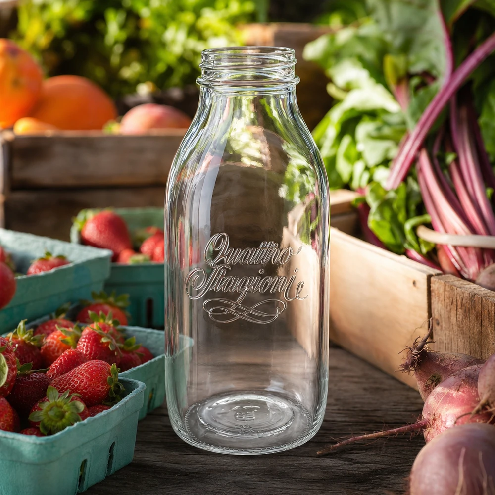 1000 ml fles met wijde hals "Quattro Stagioni" Quattro Stagioni glazen 1000ml fles met brede mond op een houten tafel met verse aardbeien en groenten op de achtergrond