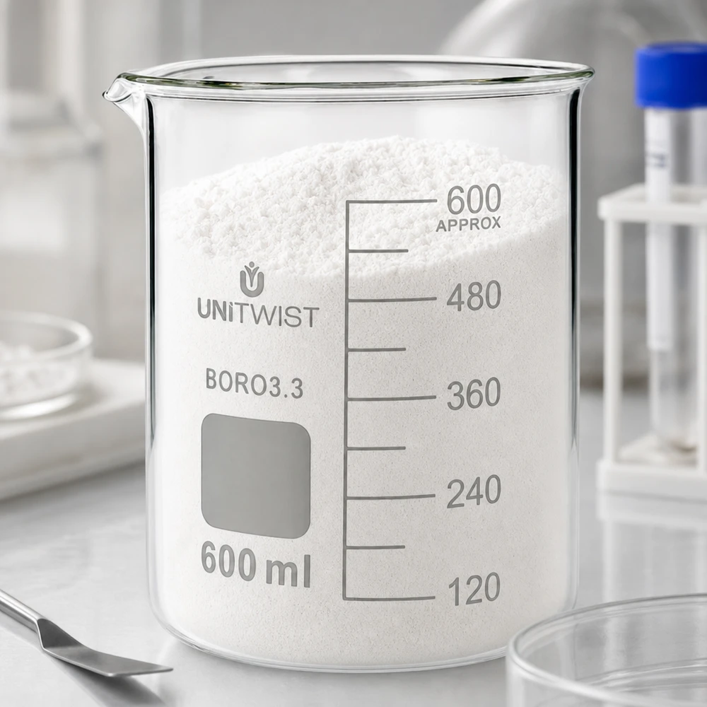Doorzichtig bekerglas van 600 ml, borosilicaat, UNiTWIST, laag model, naast een reageerbuis in het laboratorium