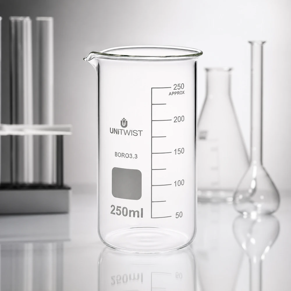 Beker 250ml borosilicaat, hoge vorm UNITWIST Doorzichtig borosilicaat bekerglas, hoge vorm, 250 ml, met gegraveerde milliliterschaal tot 250 ml