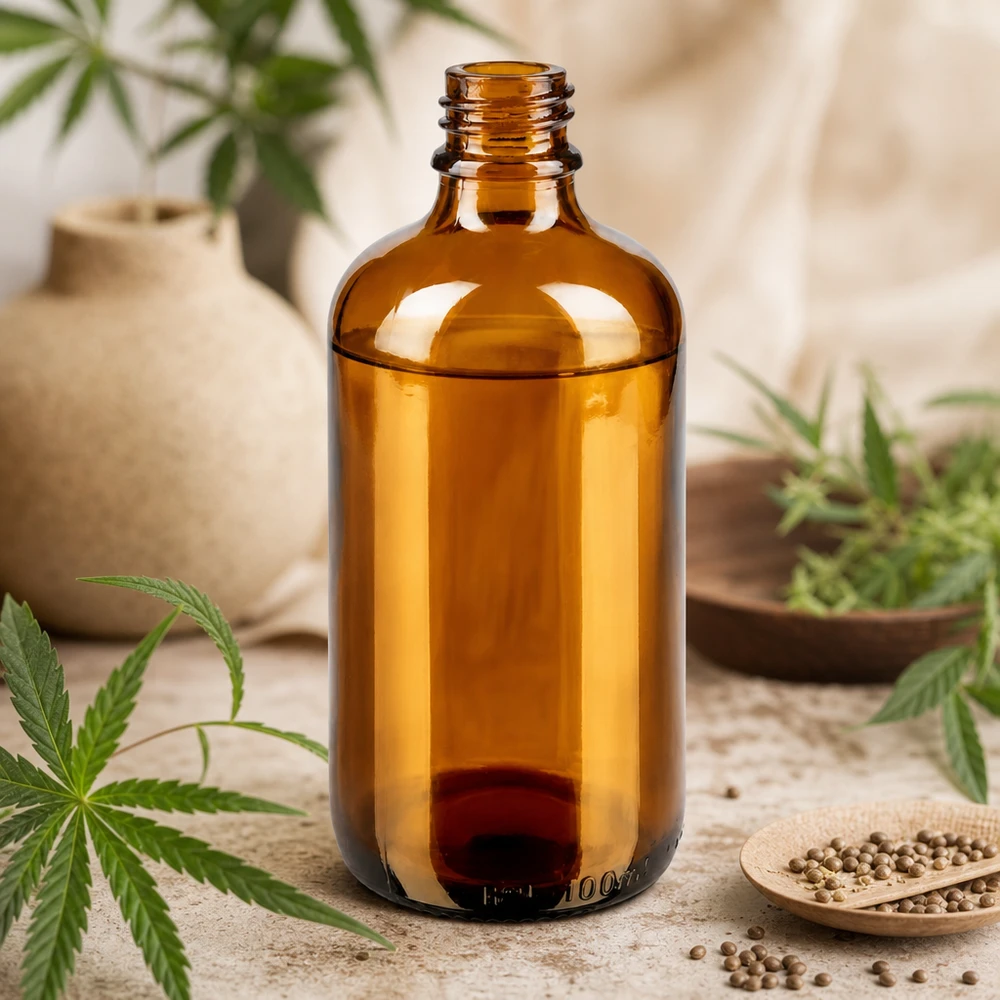 100ml bruine Apothekersfles ApoGlas 100ml bruine apothekersfles ApoGlas met cannabis hennepplanten en korianderzaadjes op houten tafel