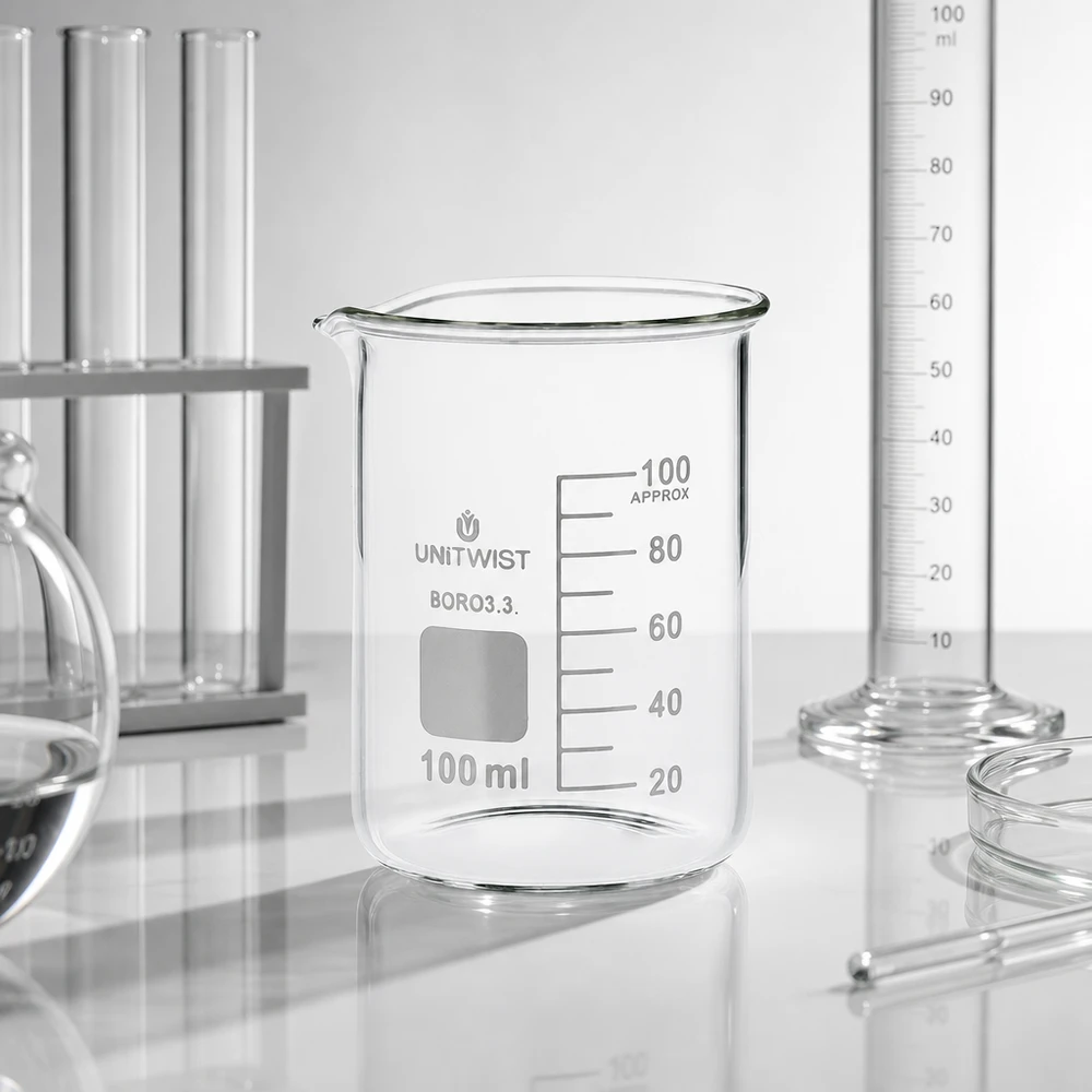 UNiTWIST 100 ml bekerglas met laag profiel, voorzien van een wit opschriftveld en volumemarkeringen
