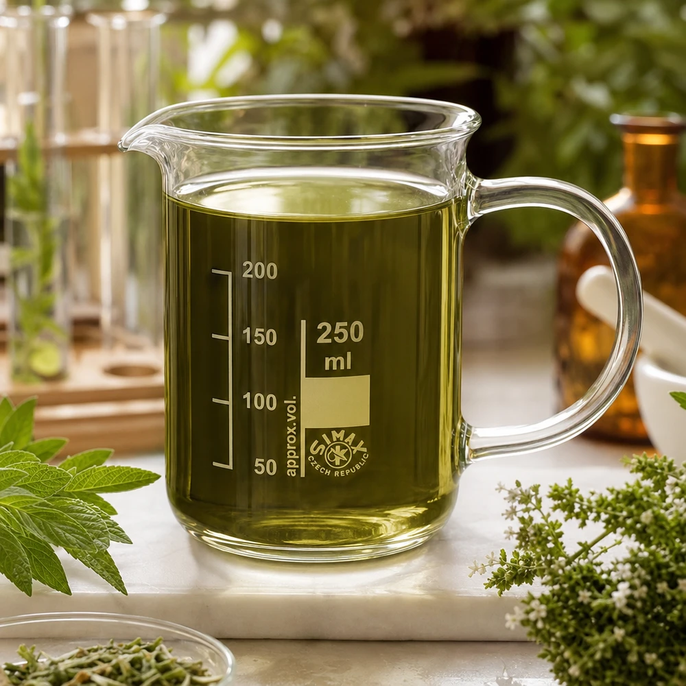 Bekerglas 250 ml van hittebestendig borosilicaatglas met handvat Doorzichtig laboratoriumbekerglas van 250 ml met handvat en olijfkleurige vloeistof op marmer