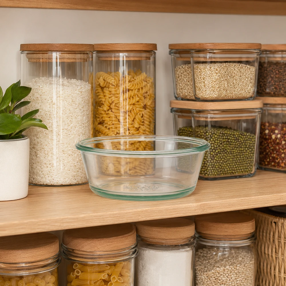 WECK RR120 gourmetglas van 300 ml WECK gourmetpot 300ml RR120 in een georganiseerd voorraadkasttafereel met voorraadpotjes en kruiden toont praktische opbergruimte.