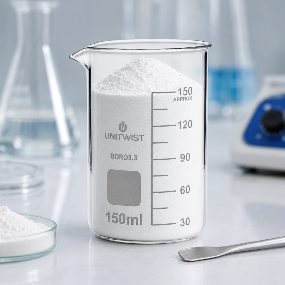 Beker 150ml borosilicaat, hoge vorm UNITWIST UNITWIST bekerglas 150 ml, borosilicaat, hoog model, met witte vaste stof en spatel op de voorgrond