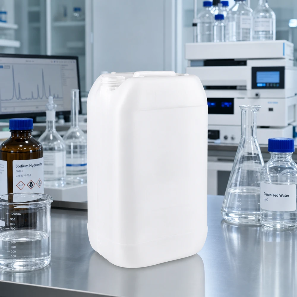 15 liter HDPE-kanister zonder sluiting in een professionele laboratoriumomgeving met analyseapparatuur