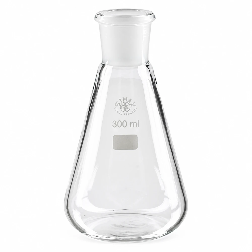 Erlenmeyer 300ml nauwe hals borosilicaat met slijpstuk 29/32 Erlenmeyer van 300 ml met brede bodem en smalle hals voor optimaal mengen