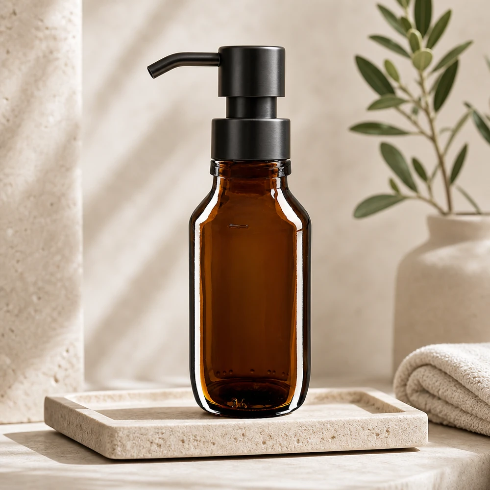 50ml Euro-medicijnfles bruin Bruin glazen flesje 50ml met zwarte pompdispenser voor cosmetica en huidverzorging ApoGlas PP28
