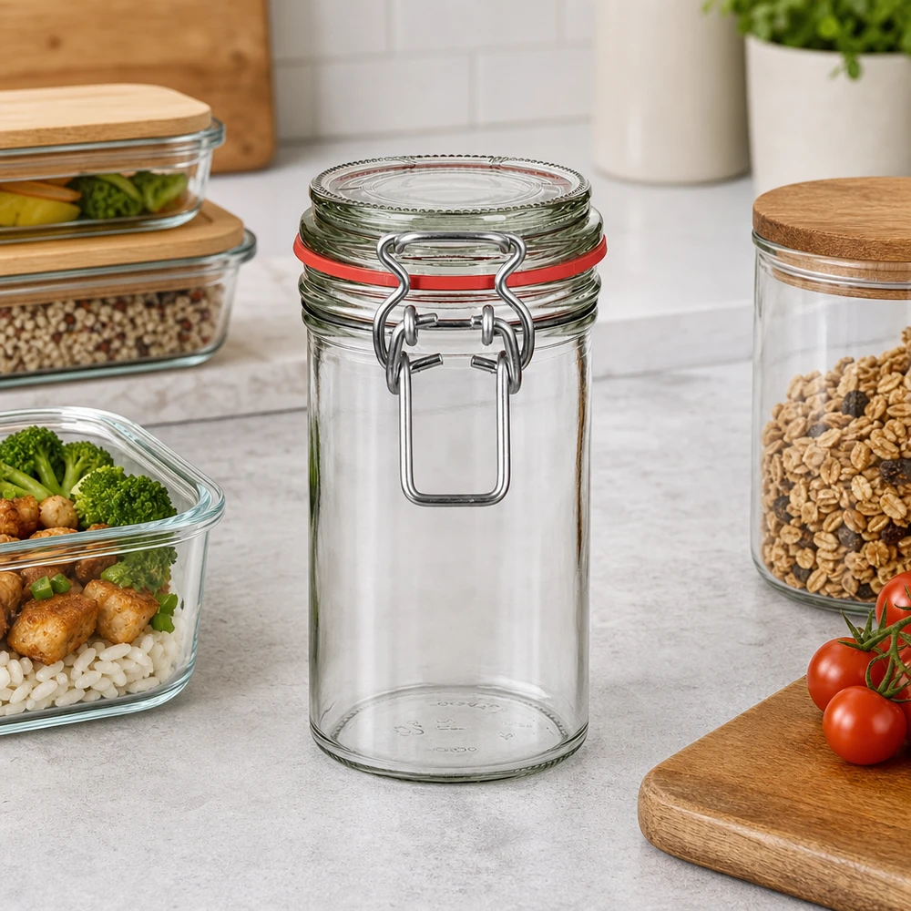 272 ml voorraadpot type G met beugelsluiting UN.. 272 ml voorraadpot met draaidop leeg op keukenblad naast gevulde voorraadpotten en verse ingrediënten
