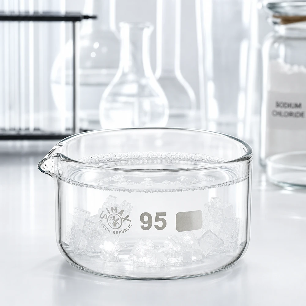 Lage, cilindrische glazen schaal van 300 ml voor kristallisatieproeven in het chemisch laboratorium
