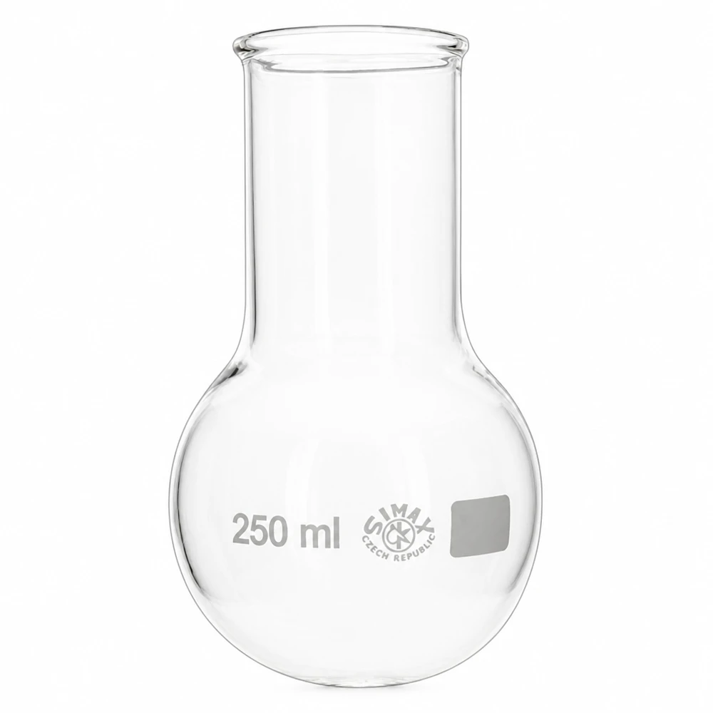 Platbodem kolf 250ml wijde hals borosilicaat met afgeronde rand Rondbodemkolf met brede hals 250 milliliter inhoud, ideaal voor destillatie en reacties