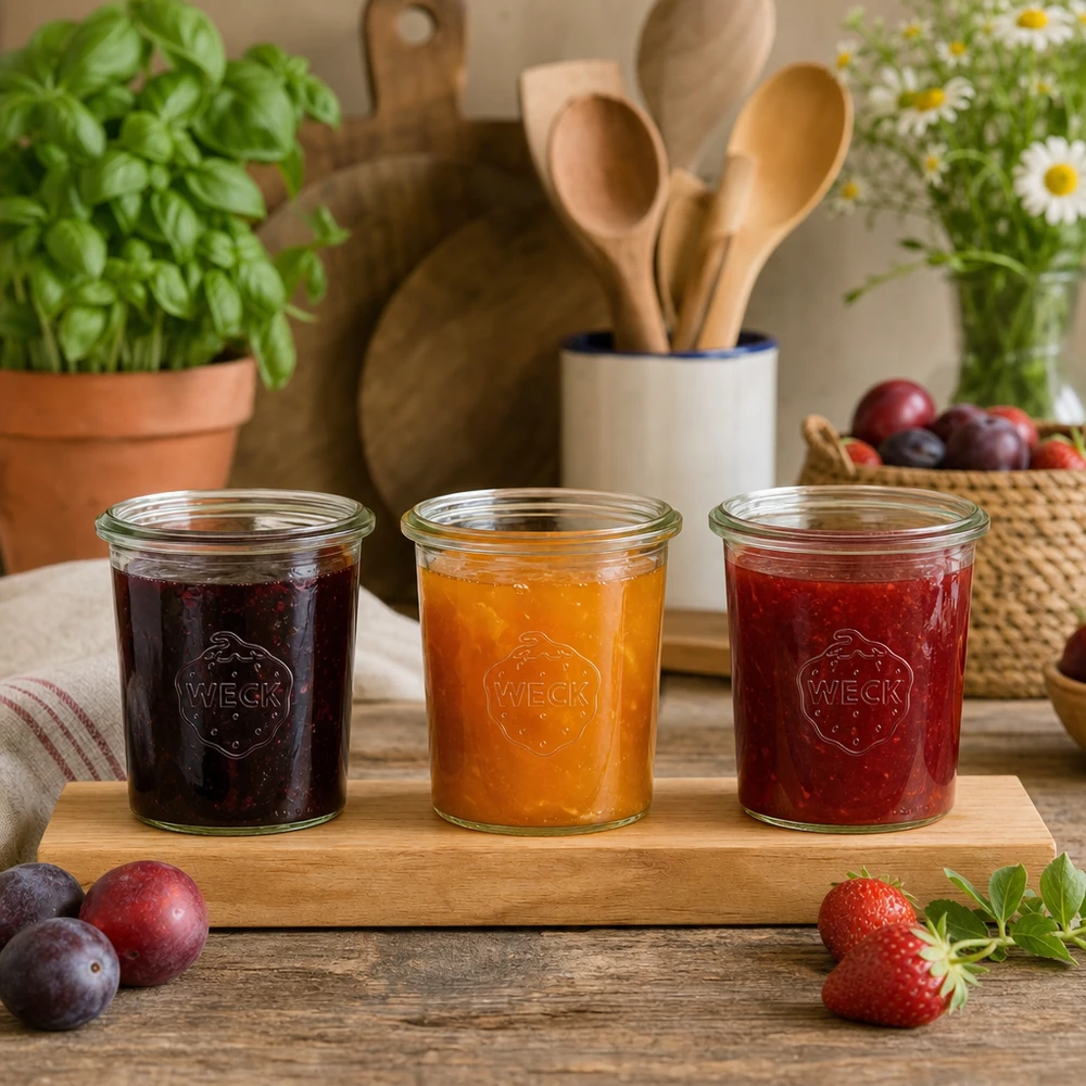 Serveerplank Plano3 met 3 Weck-glazen van 160 ml Weck bekers van 160 ml op een houten serveerplank gevuld met kleurrijke jam in een rustieke keuken