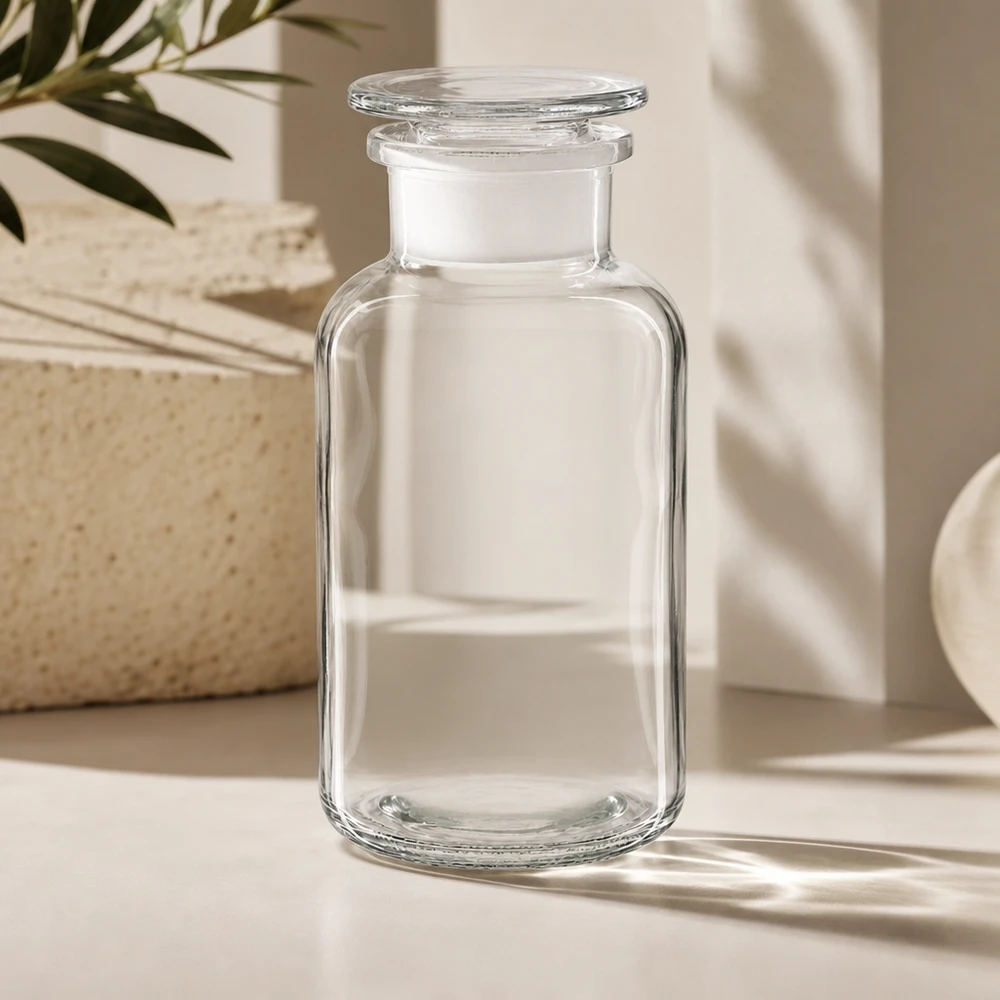 Apothekersfles 500 ml wijde hals helder glas incl. glazen stop Glazen fles van 500 ml met brede hals en geslepen stop, zuurbestendig voor chemische oplossingen