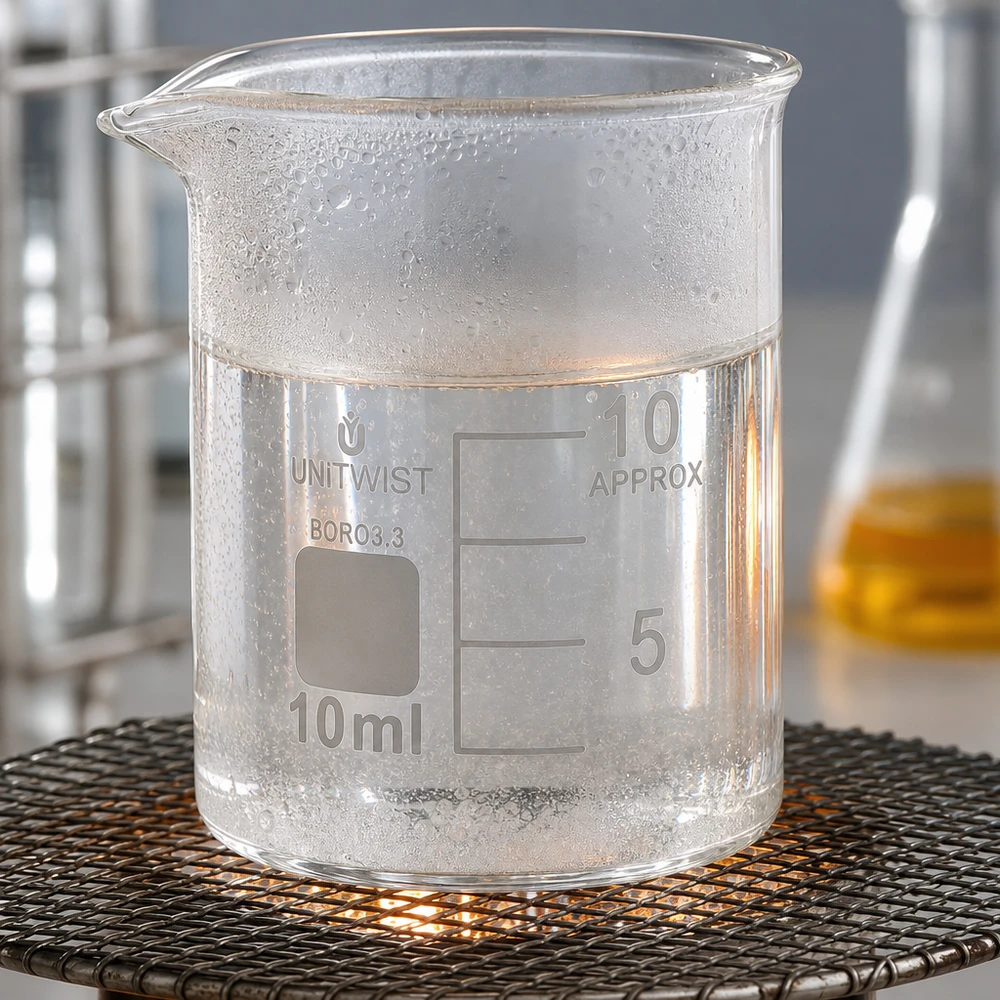 Beker 10ml borosilicaat, lage vorm UNiTWIST UNiTWIST laboratoriumbeker van glas, 10 ml, bij verhitting op een draadrooster met zichtbare warmtebron