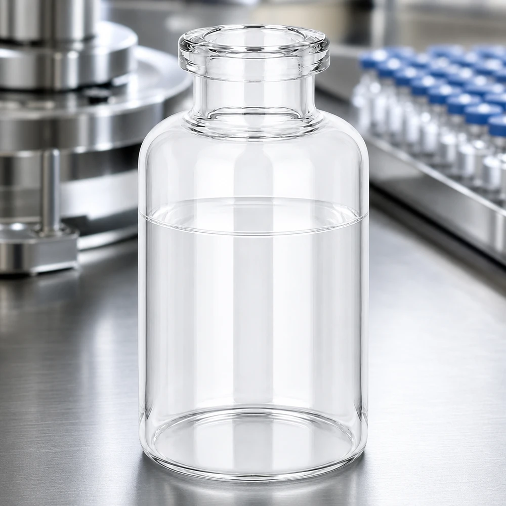 Injectiefles helder glas 30ml Medizinische Injektionsflasche Klarglas 30ml neben befüllten Blaukapsel-Vials in Produktionsanlage