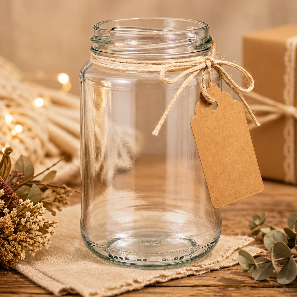 UNiTWIST Runda375 rond glas 375ml TO63 met kraftpapieren label als geschenkverpakking in een rustiek decoratief tafereel