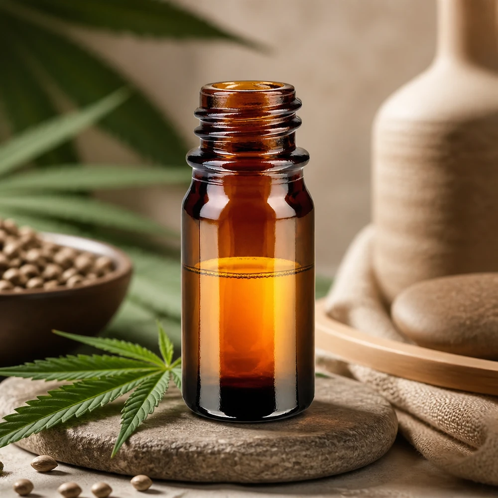 Bruine glazen fles 5ml 5ml bruin apothekersflesje ApoGlas met cannabisblad hennepzaad en bamboe decoratie voor CBD olie