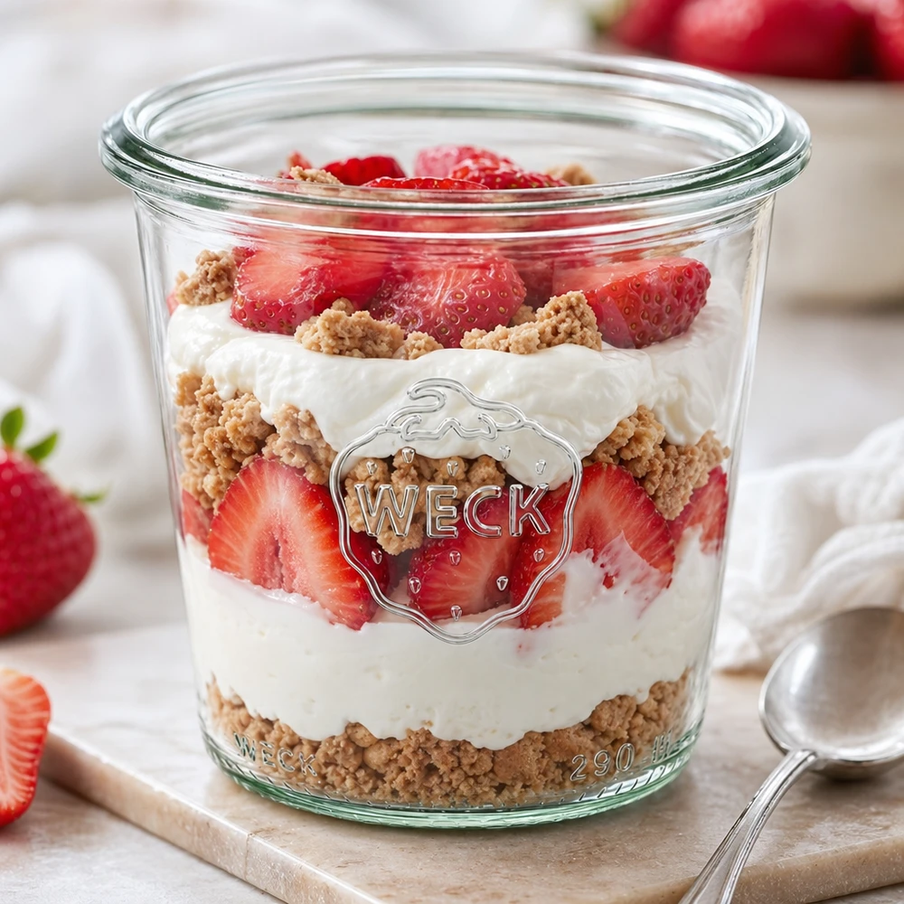 WECK 290ml bekers RR80 gevuld met aardbeien dessert laagjes yoghurt koekjes inmaakpot hoog