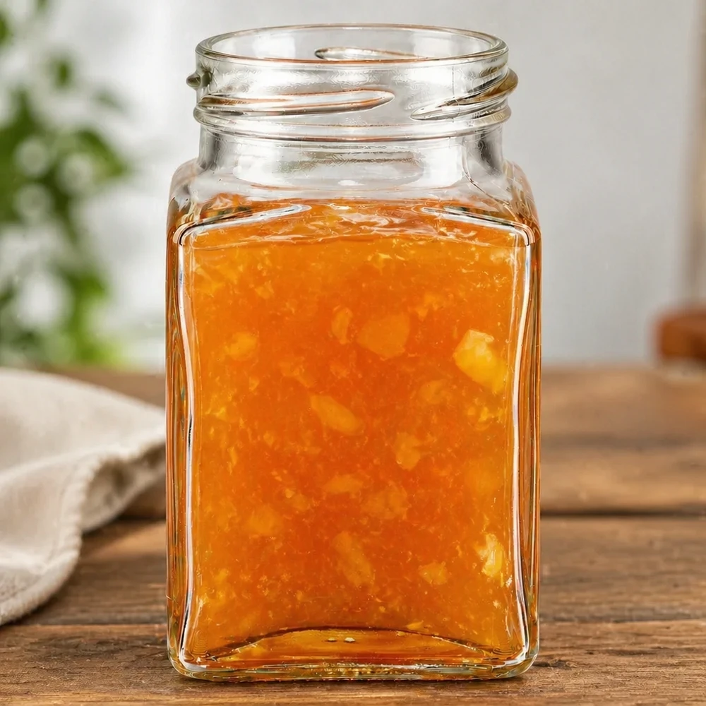 UNiTWIST Tetra260 4-hoekige pot 260ml TO58 met oranje inhoud op houten tafel vierkante jampot