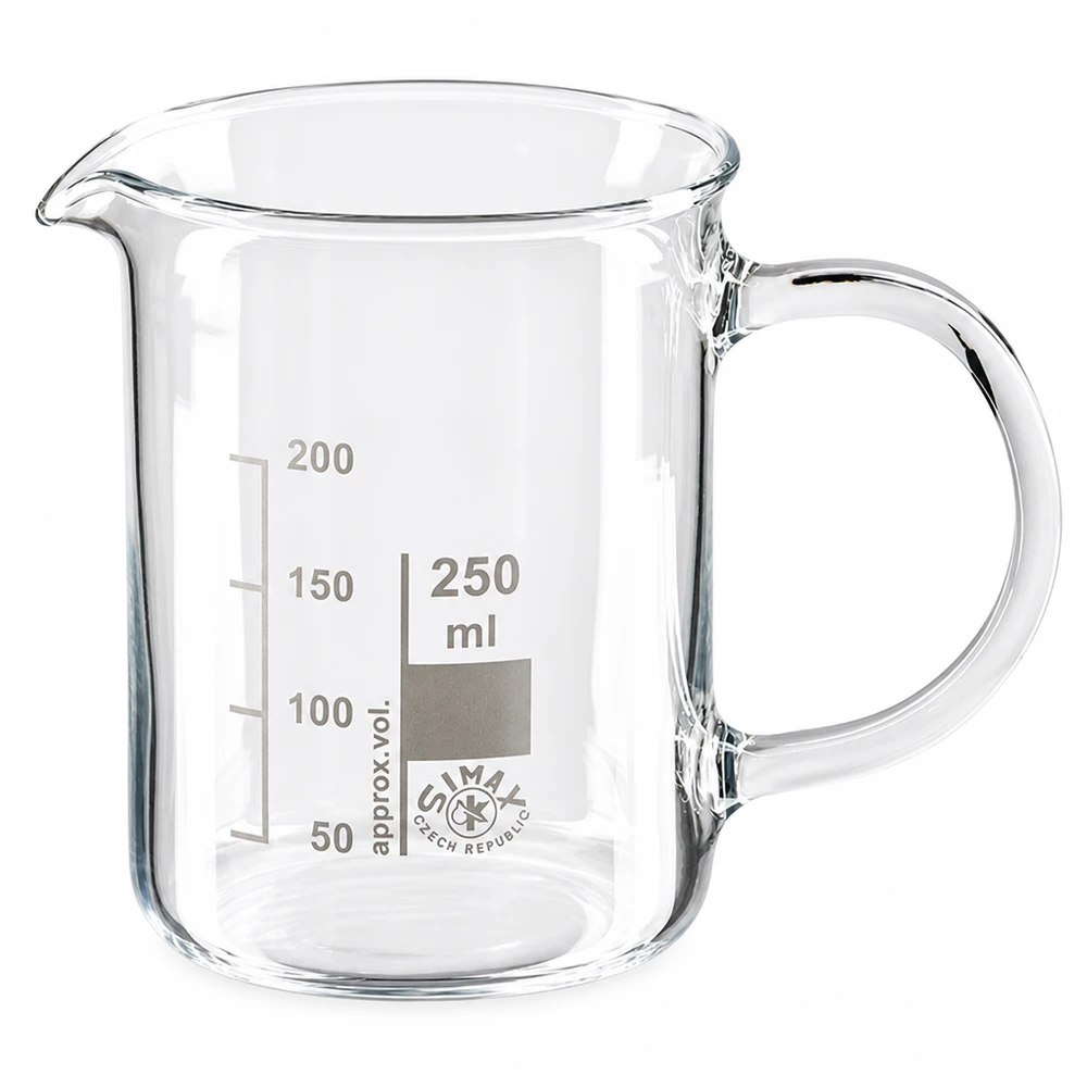 Bekerglas 250 ml van hittebestendig borosilicaatglas met handvat Simax-beker van 250 ml met handvat voor laboratorium, keuken en thee, vervaardigd uit hoogwaardig borosilicaatglas