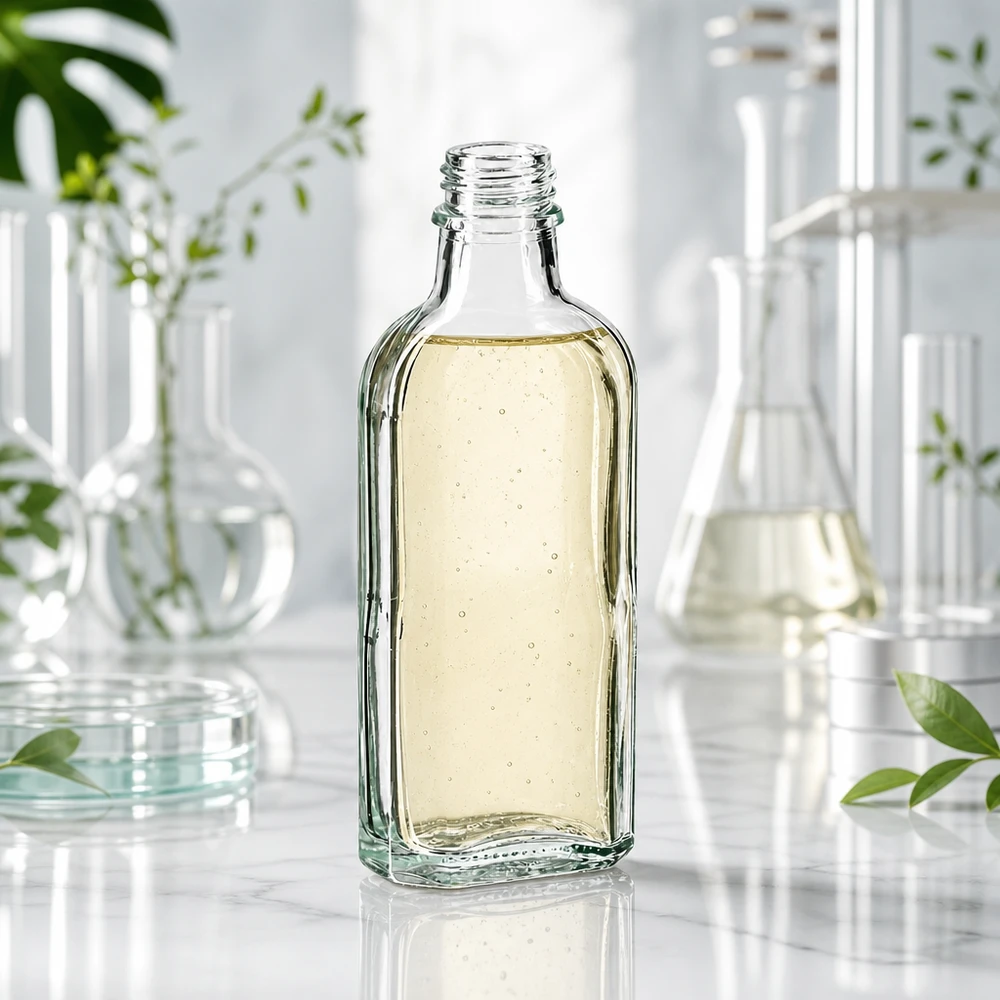 Doorzichtige rechthoekige fles van 100 ml, type DIN22, met natuurlijke cosmetische ingrediënten op de achtergrond