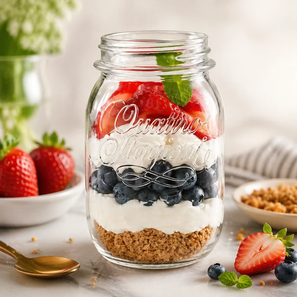 500ml huishoudglas "Quattro Stagioni" 500 ml Quattro Stagioni huishoudpot gevuld met een gelaagd dessert van biscuitbodem, yoghurt, bosbessen en aardbeien