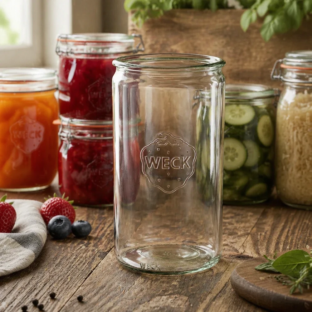 WECK RR100 cilinderpot 1590ml transparant op houten tafel met jampotten en conserven op de achtergrond