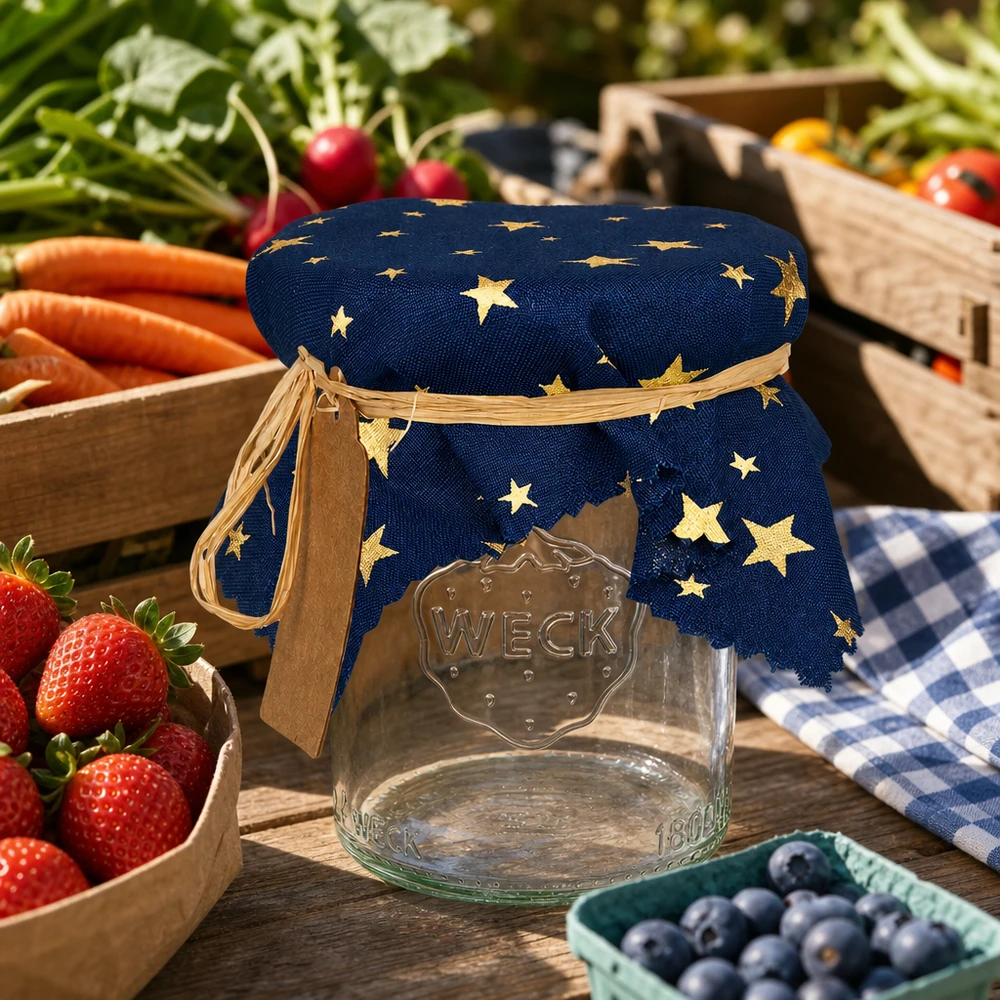 Blauwe decoratieve doily met gouden sterren op een Weck pot omringd door vers fruit en groenten 15cm vierkant