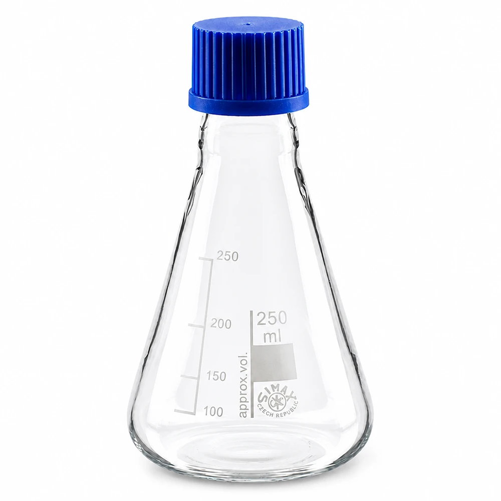 Erlenmeyer 250ml glas met nauwe hals borosilicaat met schroefdraad en sluiting Laboratoriumkolf met een inhoud van 250 ml met volumeschaal en stevig blauw deksel