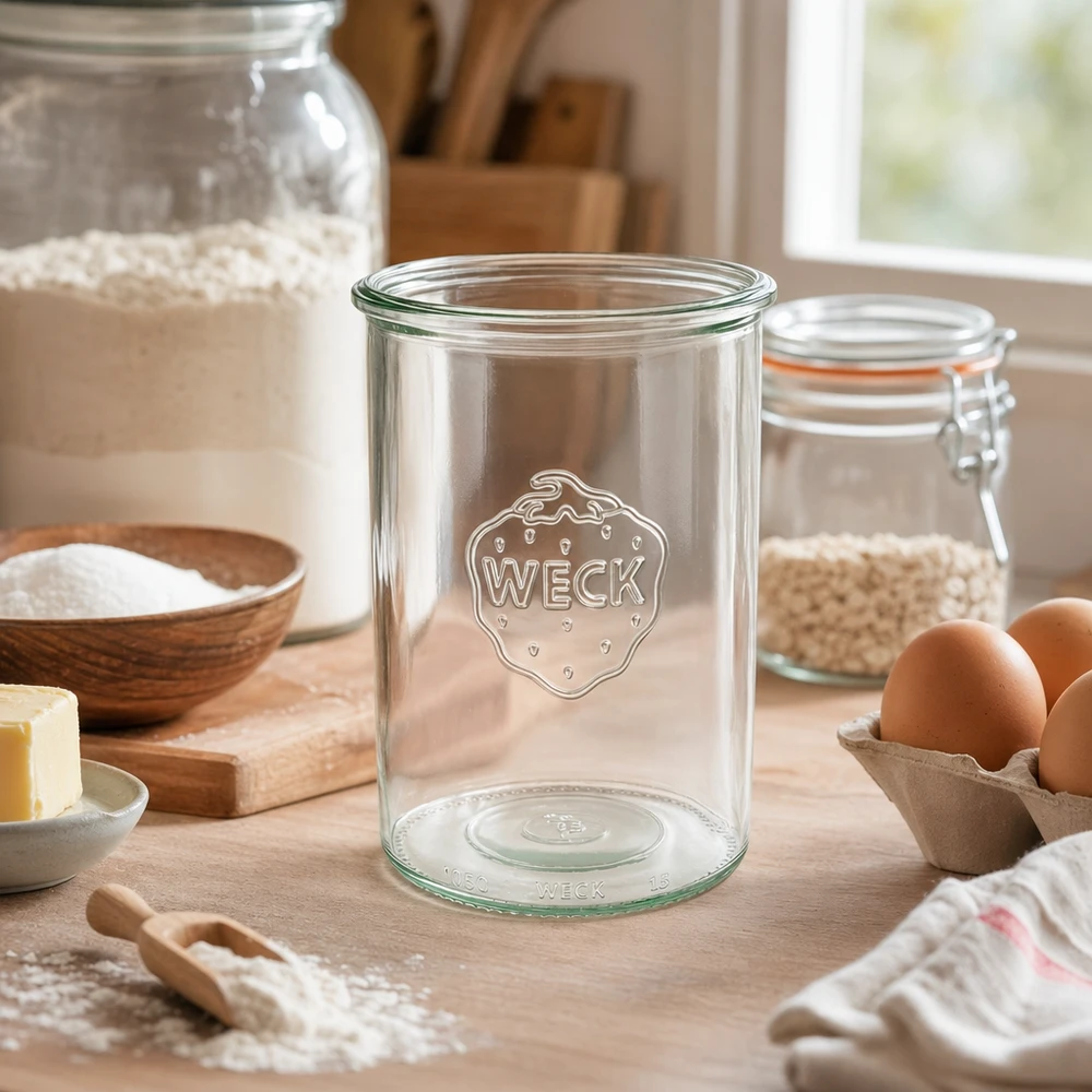 1000ml WECK RR100 mason jar met logo in rustieke keuken met bakingrediënten en eieren