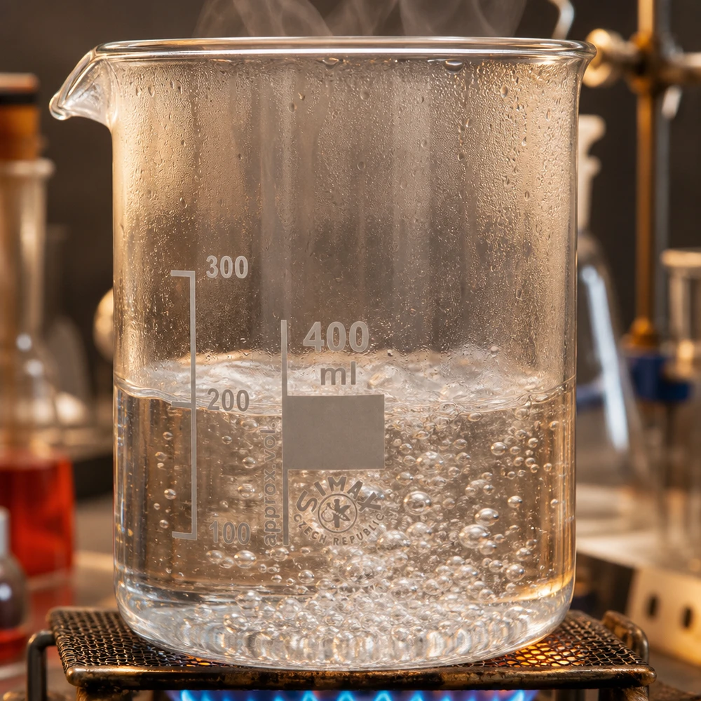 Bekerglas 400 ml van hittebestendig borosilicaatglas (laag model) Hittebestendig bekerglas van 400 ml op bunsenbrander voor het verwarmen van vloeistoffen in het laboratorium