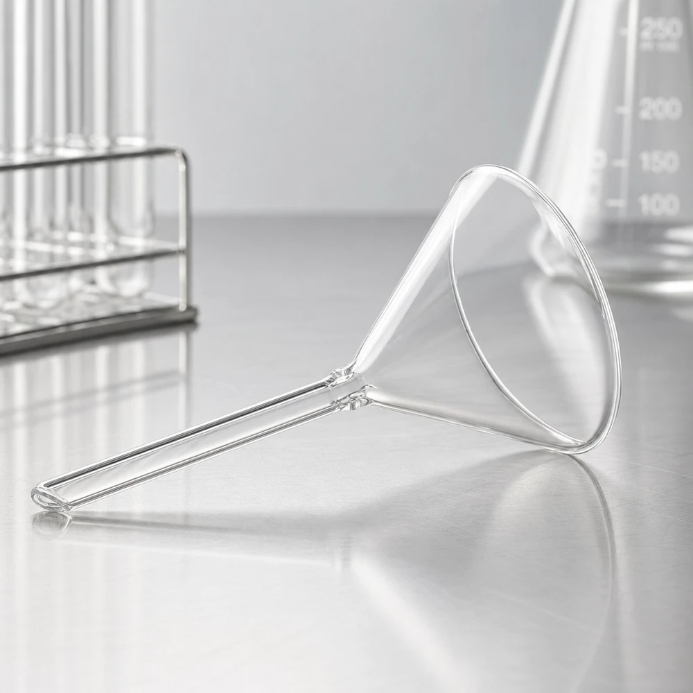 Glazen trechter Ø 70mm - kalk-soda-glas - 60° hoek Glazen trechter met korte steel en een doorzichtige diameter van 70 mm, gemaakt van soda lime glas voor laboratoriumgebruik