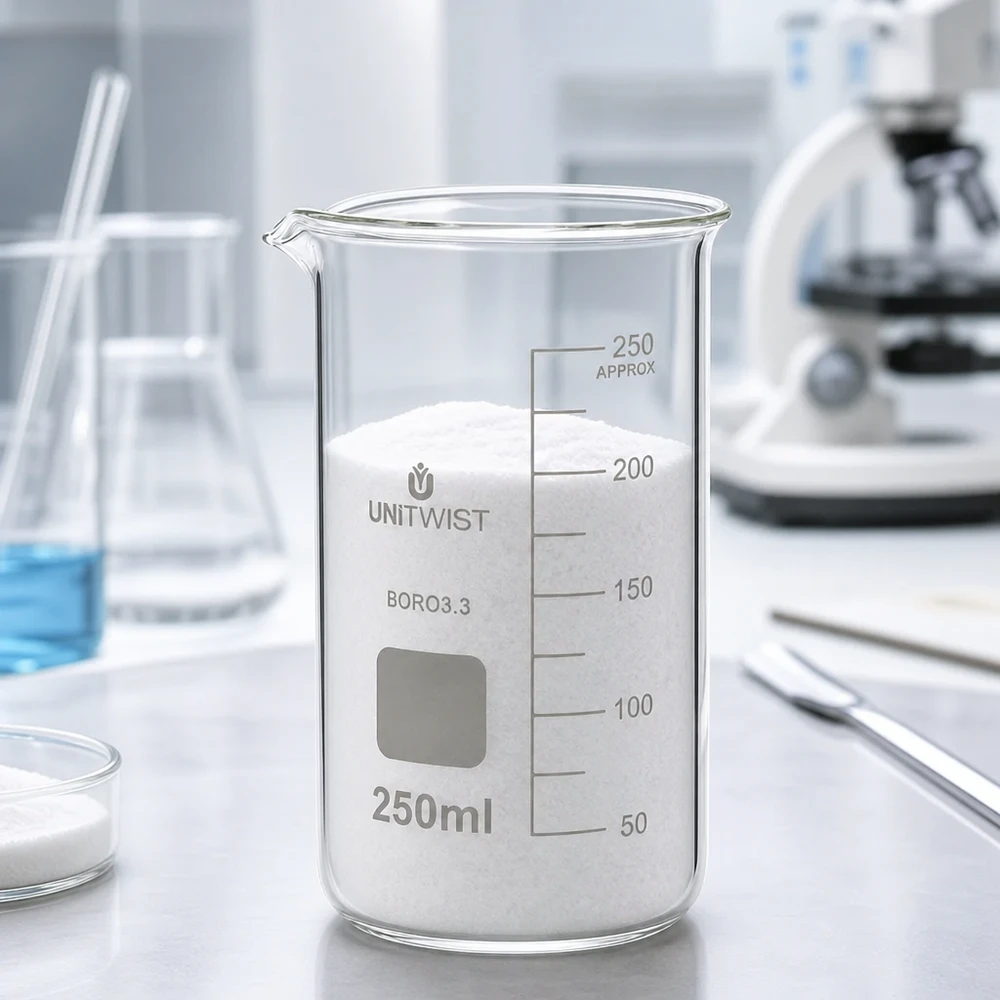 Beker 250ml borosilicaat, hoge vorm UNITWIST Doorzichtig laboratoriumglas van 250 ml, hoog model UNITWIST, met schenktuit en een schaalverdeling tot 250 ml