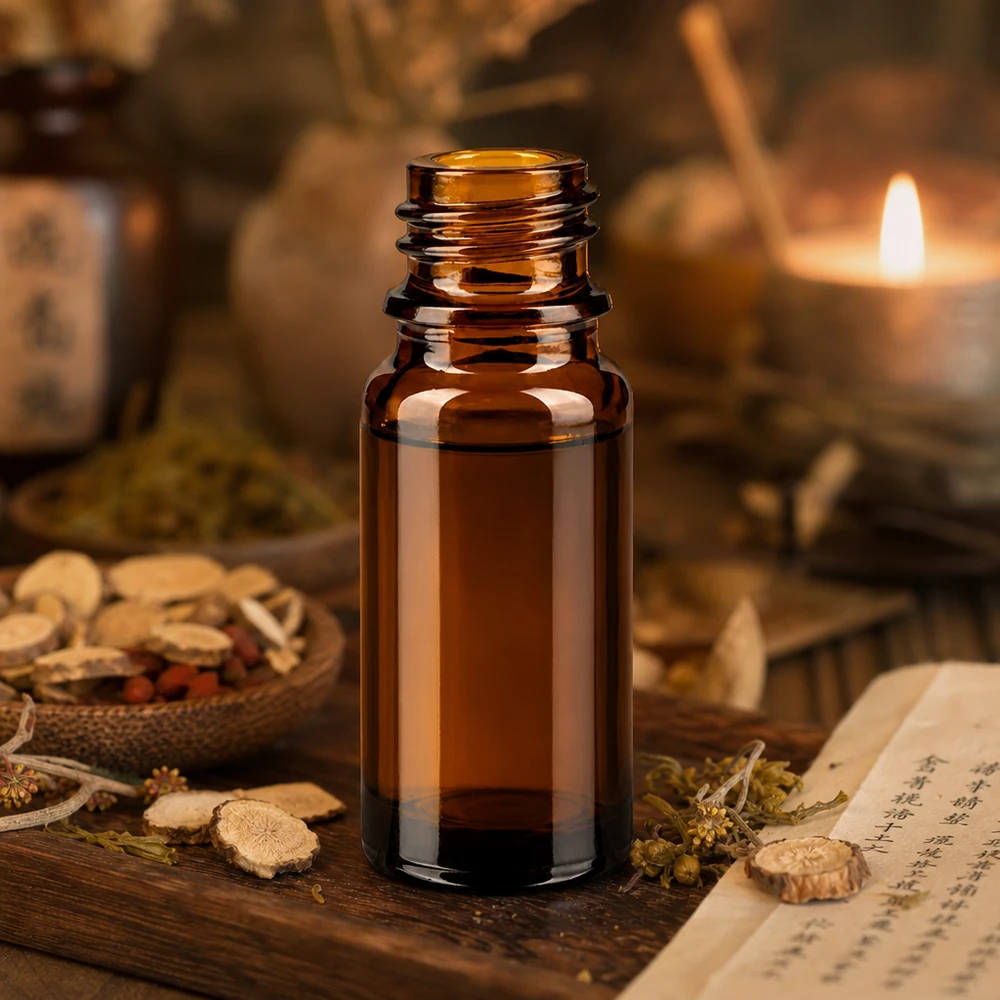 Bruine glazen fles 10ml 10ml bruin apothekersflesje ApoGlas met Aziatische geneeskrachtige kruiden en kaarslicht in een traditionele TCM-sfeer