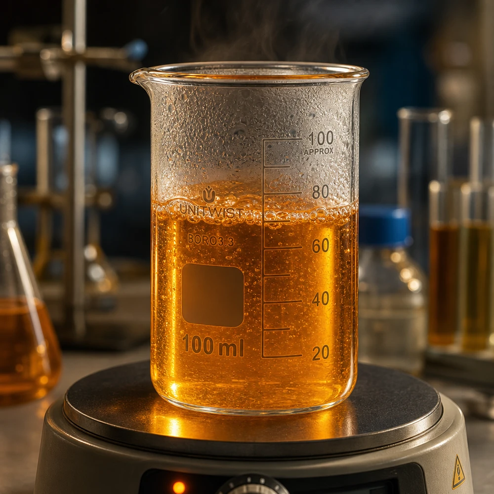 Beker 100ml borosilicaat, hoge vorm UNITWIST Hittebestendig UNITWIST-bekerglas van 100 ml, hoog model, met kokende oranje oplossing op een magneetroerder