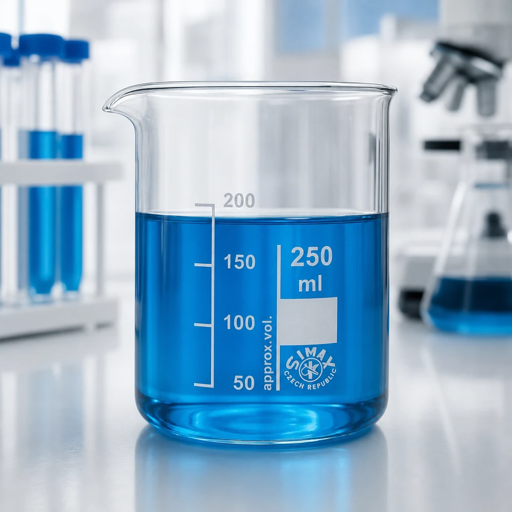 Bekerglas 250 ml van hittebestendig borosilicaatglas (laag model) Borosilicaat glazen beker 250ml met blauwe vloeistof en duidelijk zichtbare volumemarkeringen