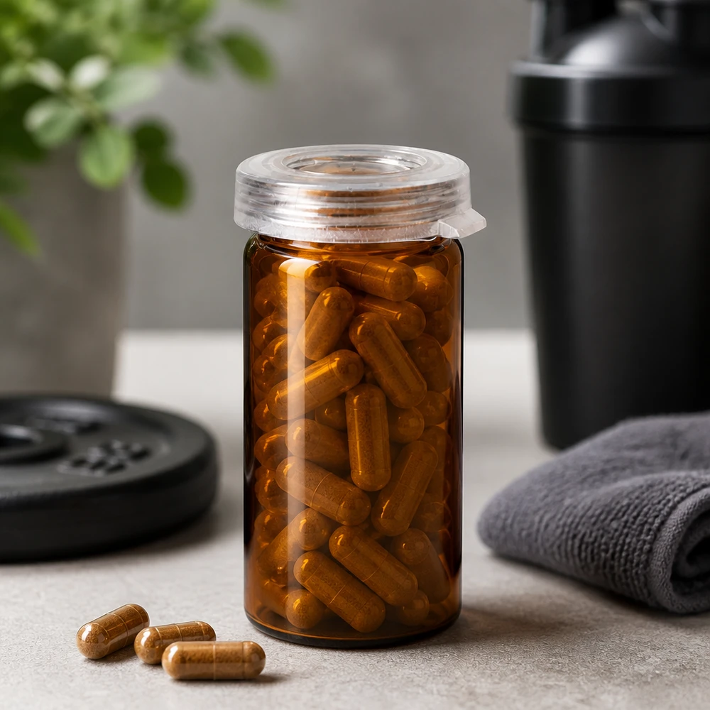 Compacte bruine glazen pot van 5 ml met een doorzichtig kunststof deksel voor supplementcapsules in de sportschool