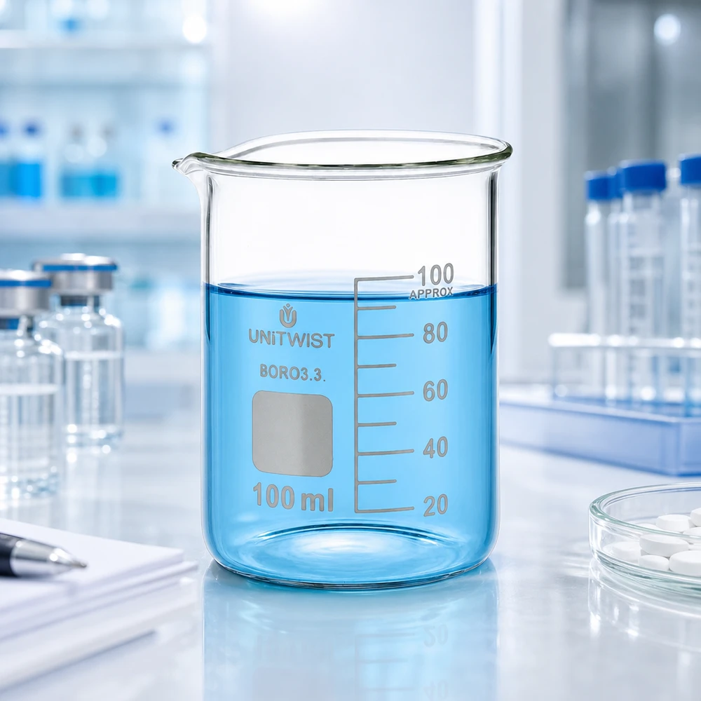 Laag becherglas van 100 ml met een cilindrische romp en een tuit, vervaardigd uit borosilicaatglas