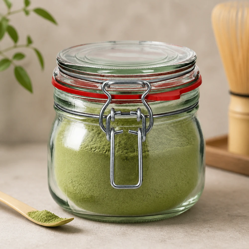 634 ml voorraadpot type G met beugelsluiting UN.. 634 ml pot met zwenktop, gevuld met groen matchapoeder voor optimale versheid