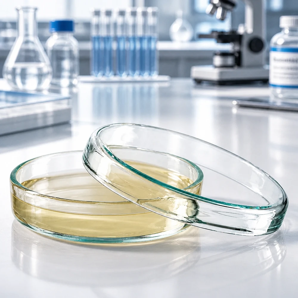 Glazen laboratoriumpetrischaal van 70 x 15 mm met een licht geopend deksel en een gele voedingsbodem op een wit werkblad