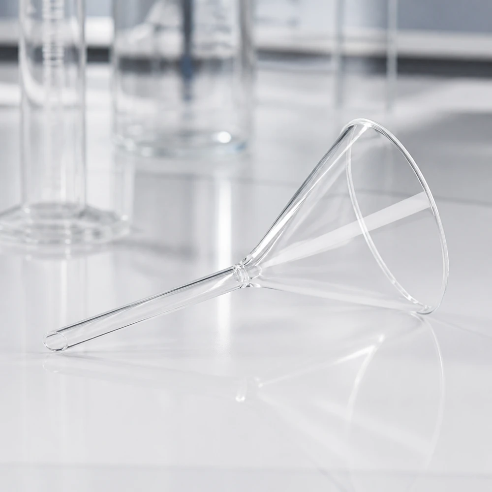 Glazen trechter Ø 85mm - borosilicaat 3.3 - 60° hoek Precisielaboratoriumtrechter 85 mm gemaakt van robuust borosilicaatglas met compact kort handvatontwerp