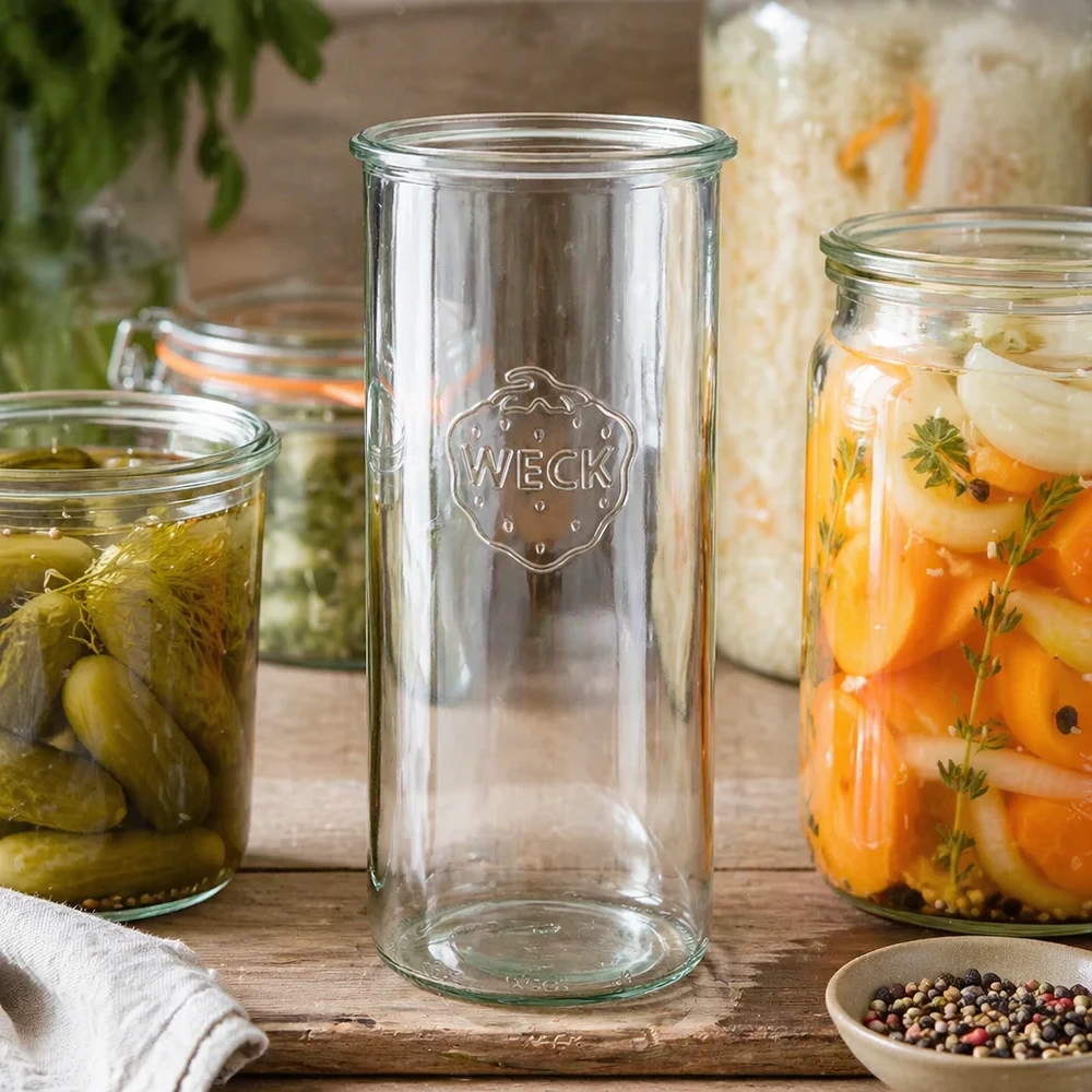 WECK RR100 1500ml mason jar leeg naast potten gevuld met groenten en kruiden op een houten tafel
