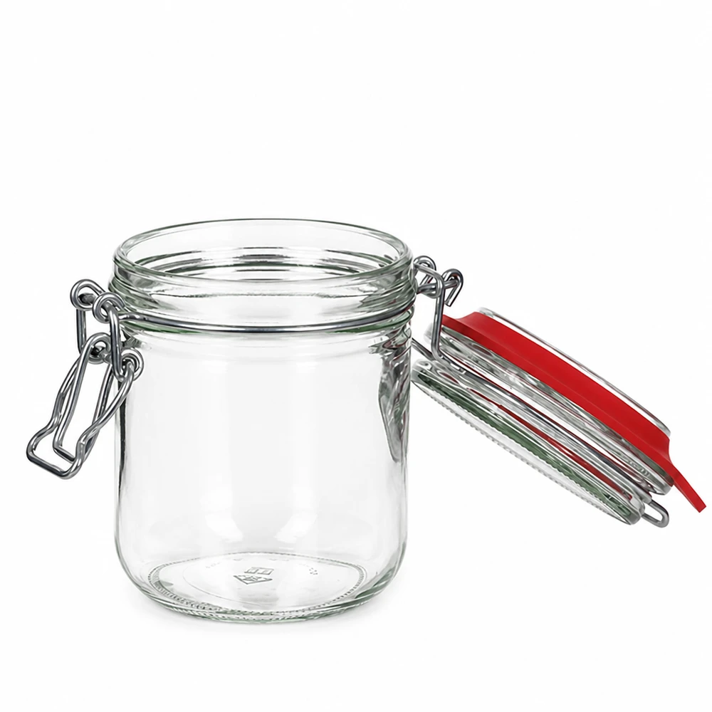 400 ml voorraadpot type G met beugelsluiting UN.. Doorzichtige glazen voorraadpot 400ml met rode rubberen afdichting en metalen clipsluiting voor luchtdicht bewaren