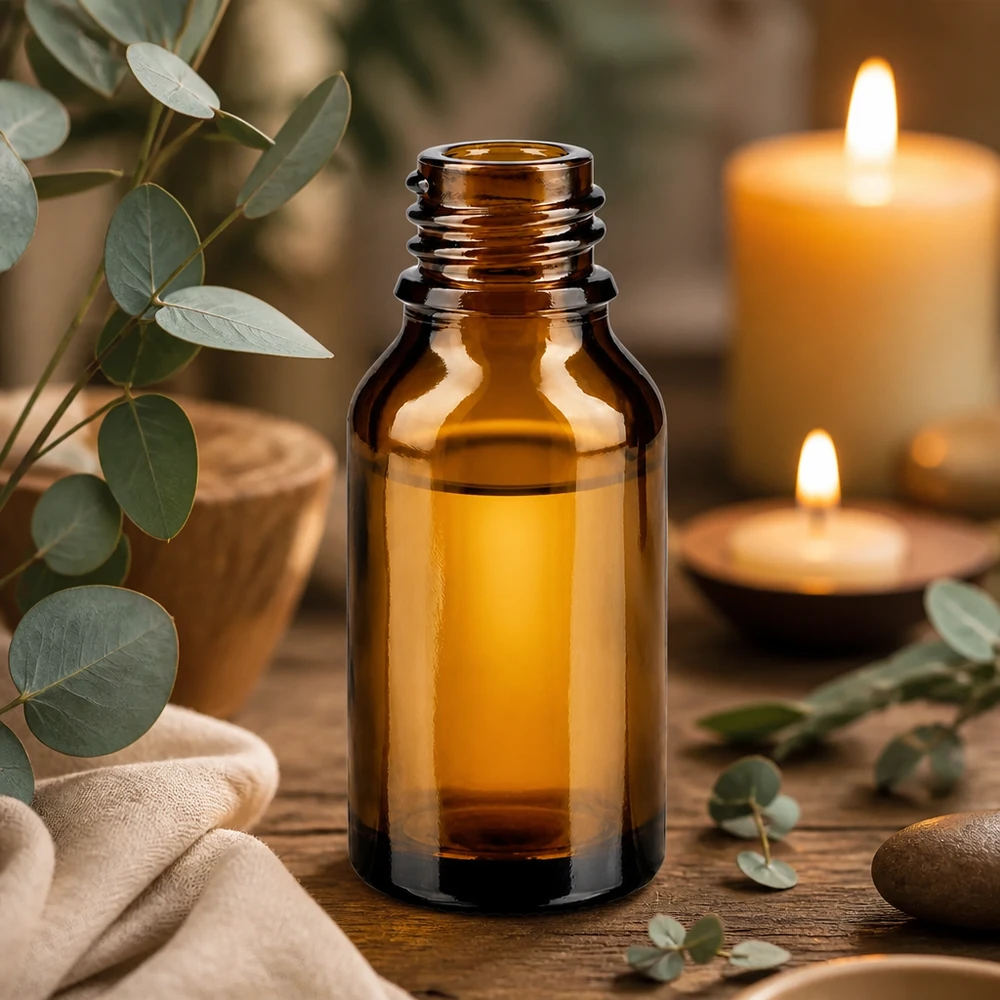 Bruine glazen fles 15ml 15ml bruine glazen fles ApoGlas leeg op houten tafel met eucalyptus kaarsen en handdoek Aromatherapie sfeer