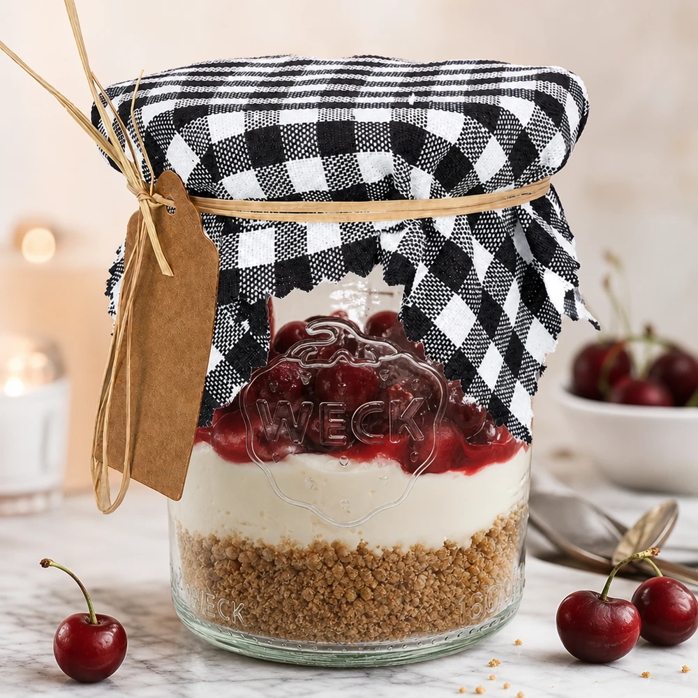 Vichy geruite stoffen doily zwart-wit op dessertpotje met kersen, decoratief potdeksel 12cm vierkant