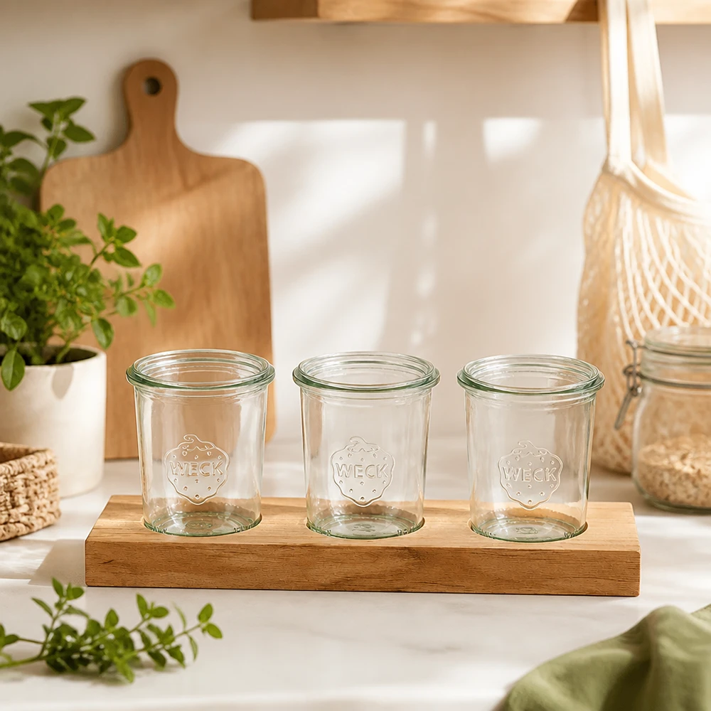 Serveerplank Plano3 met 3 Weck-glazen van 160 ml Drie lege Weck 160ml bekers op Plano3 bamboe serveerplank in Scandinavisch keukendecor met planten