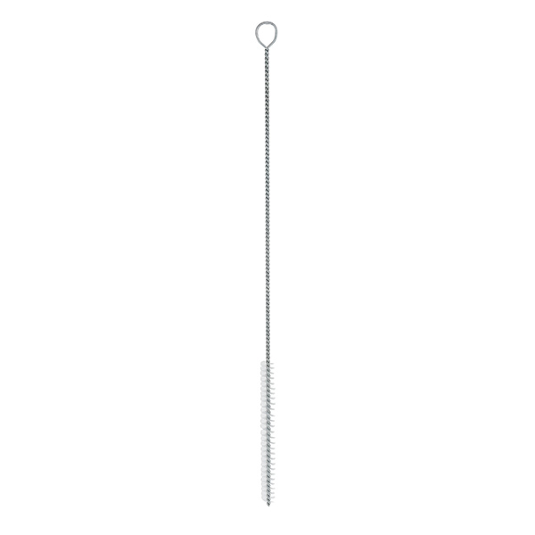 Reinigingsborstel rond maat L met oogje ⌀8mm. Ideaal voor het schoonmaken van pipetten en trechters. Gemaakt van nylon haren. 27cm totale lengte.