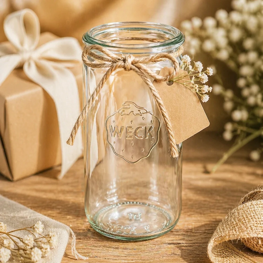 WECK RR60 glazen cilinderpot van 340 ml WECK cilinderpot 340ml RR60 als geschenk versierd met jute koord en hanger in een rustiek decoratief tafereel